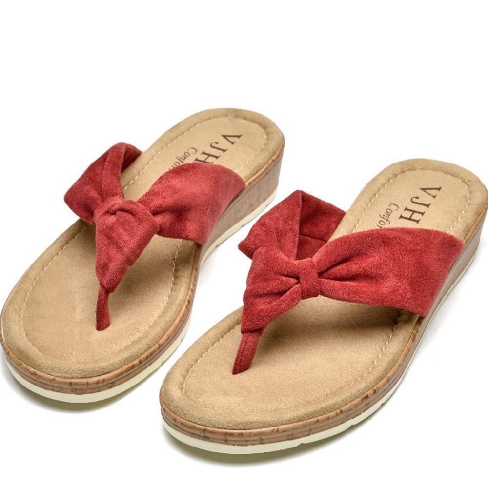 Red Faux Suede Thong Wedges Soft Cushion Comfort with Arch Support Size 8 NEW